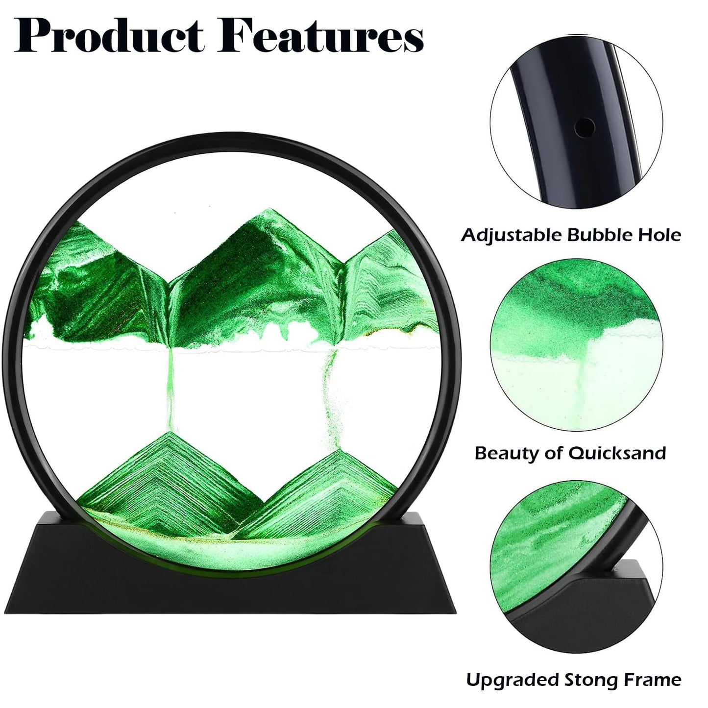 GEKETY 3D Quicksand Painting Decor - Moving Sand Art Picture - Round Glass Deep Sea Sandscape - Relaxing Home Decoration Desk Figurine for Office, Home, Desk, Mantle, Bookshelf - Light Green, 12 in