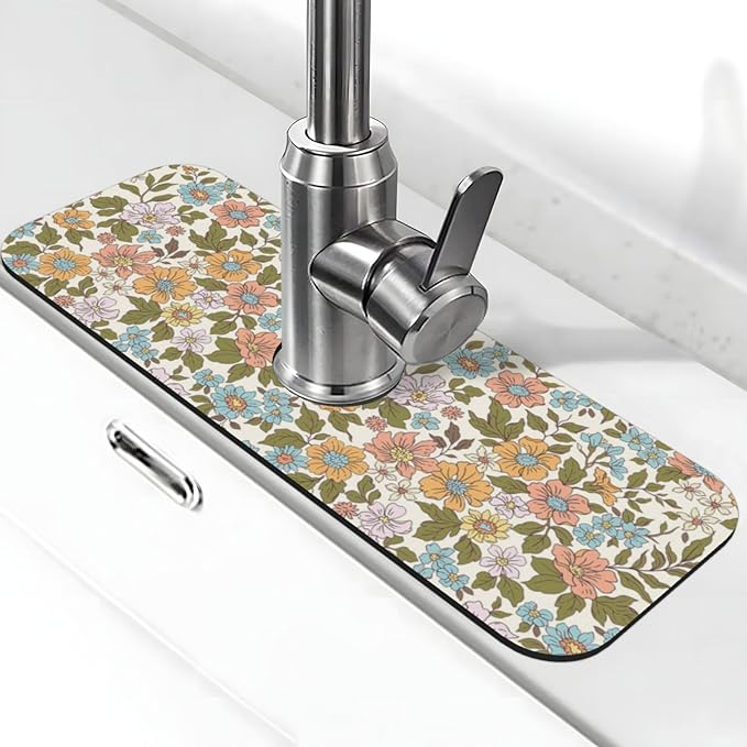Faucet Draining Mat For Kitchen Sink, Colorful Flowers Floral Diatom Mud