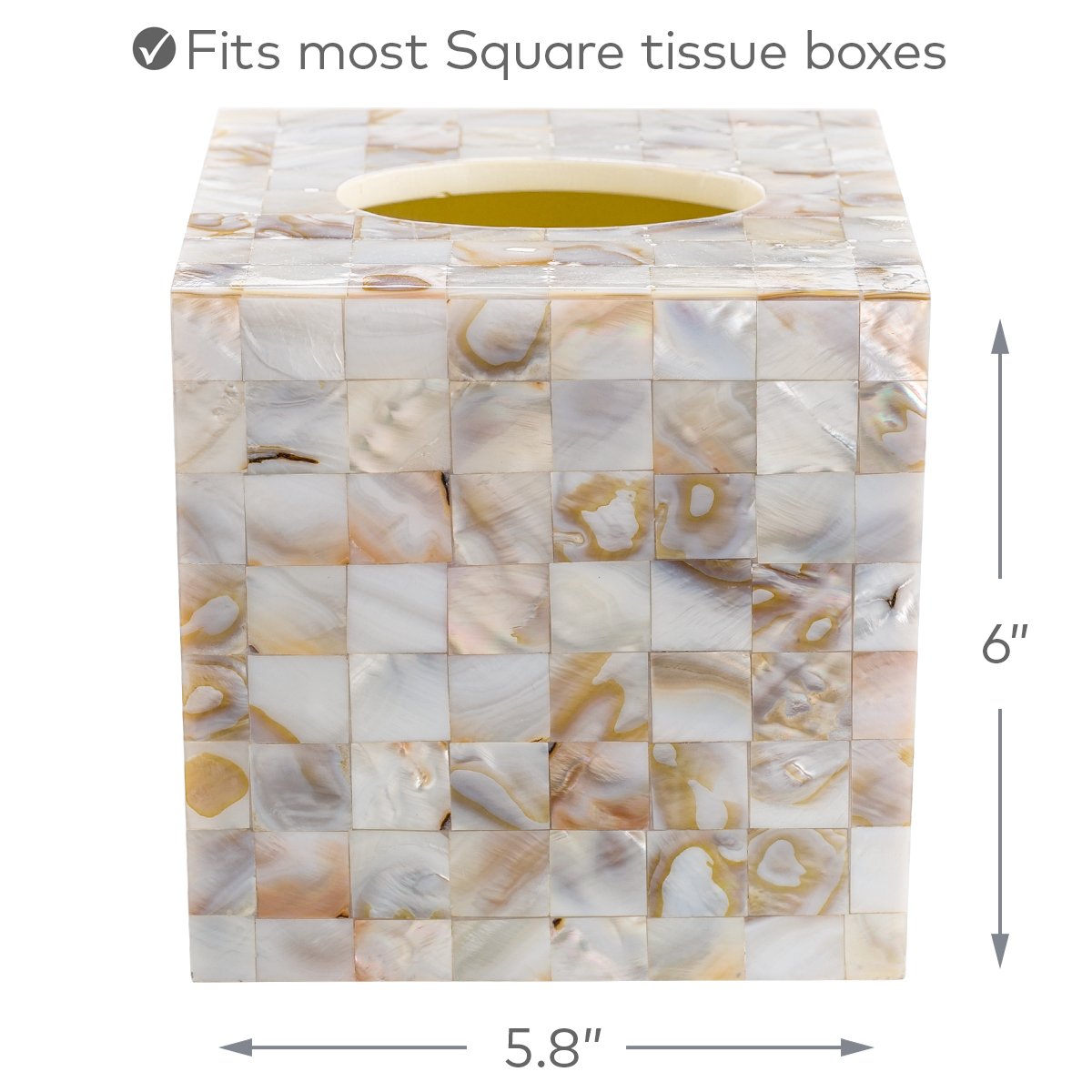 Milano Tissue Box Cover Square – Decorative Tissue Holder for Bathroom - Beautiful Natural Mother of Pearl Capiz Shells Tissue Box Holder - Cube Tissue Box Cover with Durable Bottom Slider