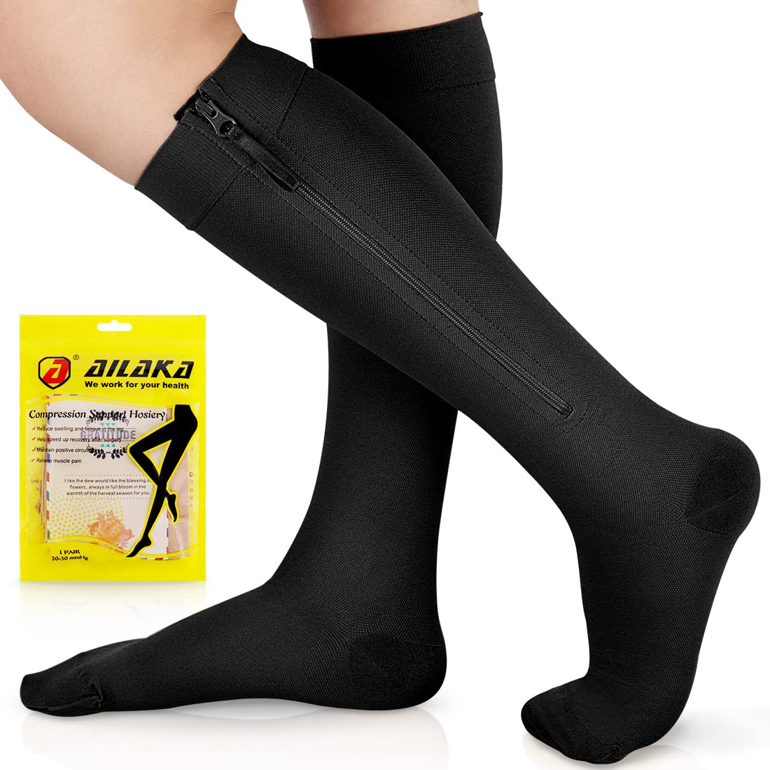 Ailaka Zipper Compression Socks for Men Women - 20-30 mmHg Close Toe Knee High Medical Compression Socks with Zipper, Zip Up Socks for Varicose Veins, Edema, Recovery, Pregnant, Nurse (Black, 4XL)