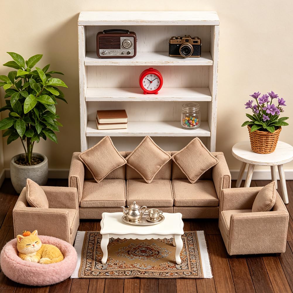 ORIGACH 3 PCS Dollhouse Furnitures Miniature Sectional Couch Set with Coffee Table and Carpet, Wooden Dollhouse Furniture Set, 1/12 Scale Living Room Furniture Accessory for Décor
