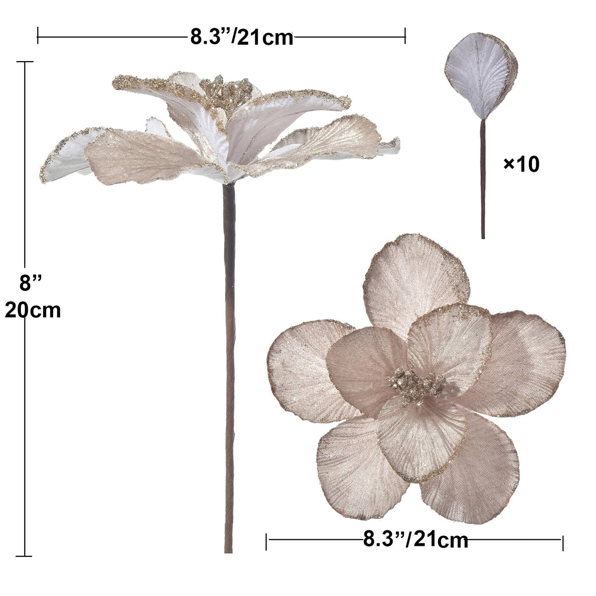 YSZL Christmas Poinsettias Artificial Magnolia Flower Ornaments Floral Picks Stems Christmas Tree Decorations Pack of 10 for Xmas Tree Party Wedding Centerpiece (Champagne)