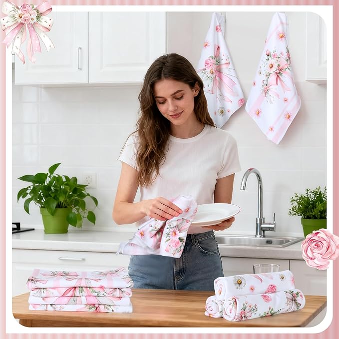 Breling Set of 6 Pink Bow Kitchen Towels Coquette Floral Dish Towel Bathroom