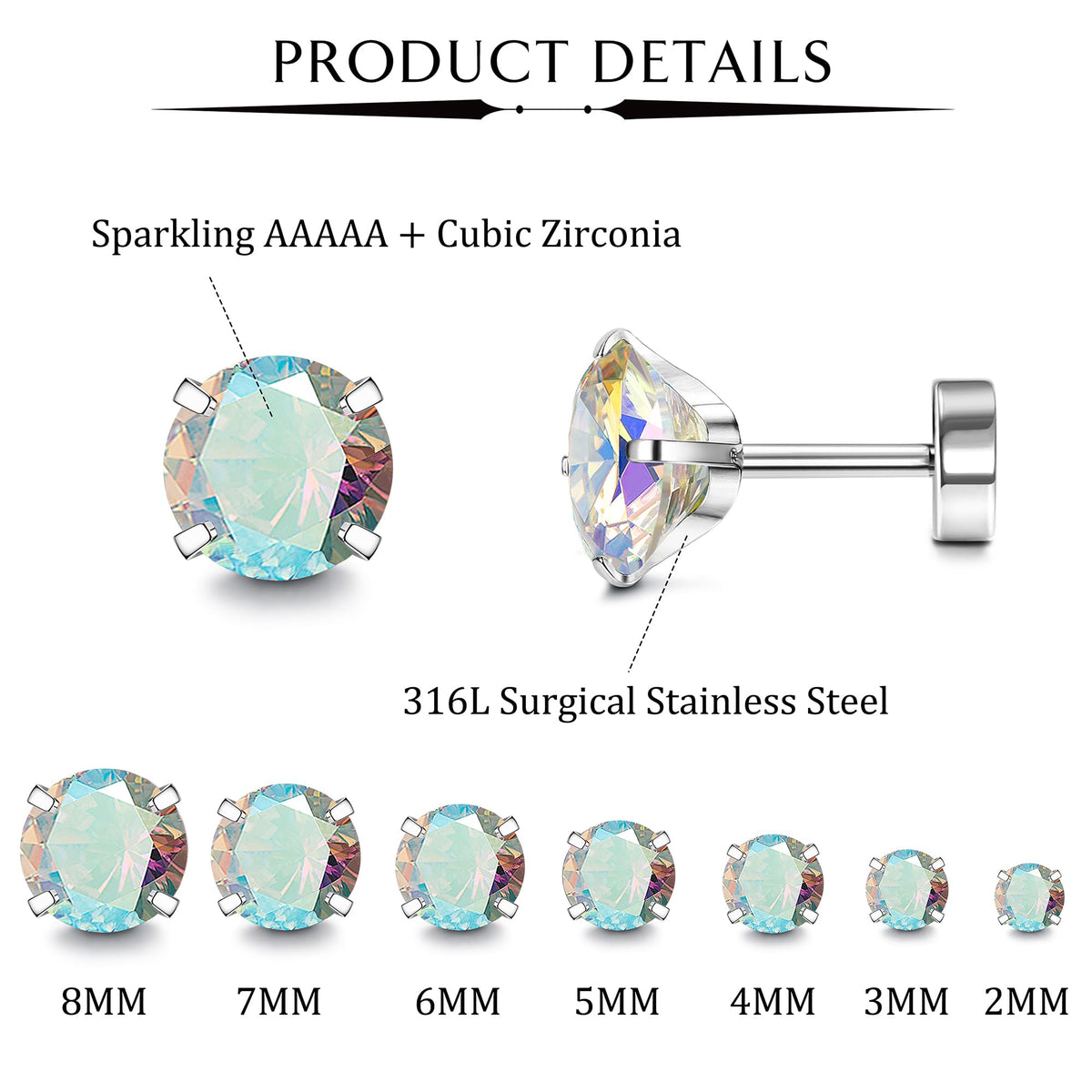 Fansilver 20G Hypoallergenic Flat Back Earrings for Women Men Silver 14K Gold Stainless Steel Stud Earrings Brithstone Cubic Zirconia Studs Surgical Steel Cartilage Earrings for Sensitive Ears