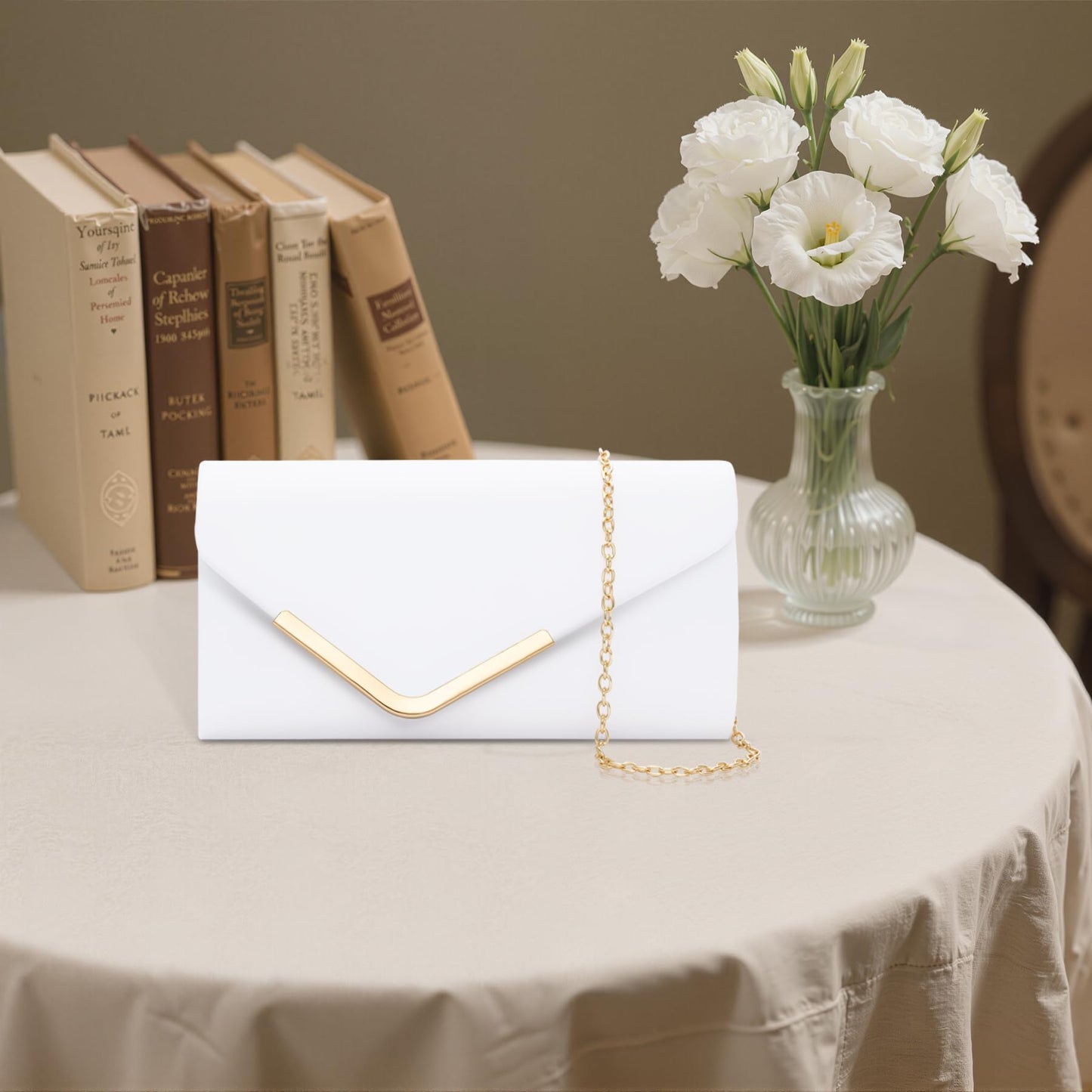 Larcenciel Women's Clutches, Leather White Clutch Bags for Women w/Detachable Chain, Envelope Evening Handbag, Minimalist Cross Body Shoulder Bag Purses Wallet for Women Bridal Prom Party Wedding