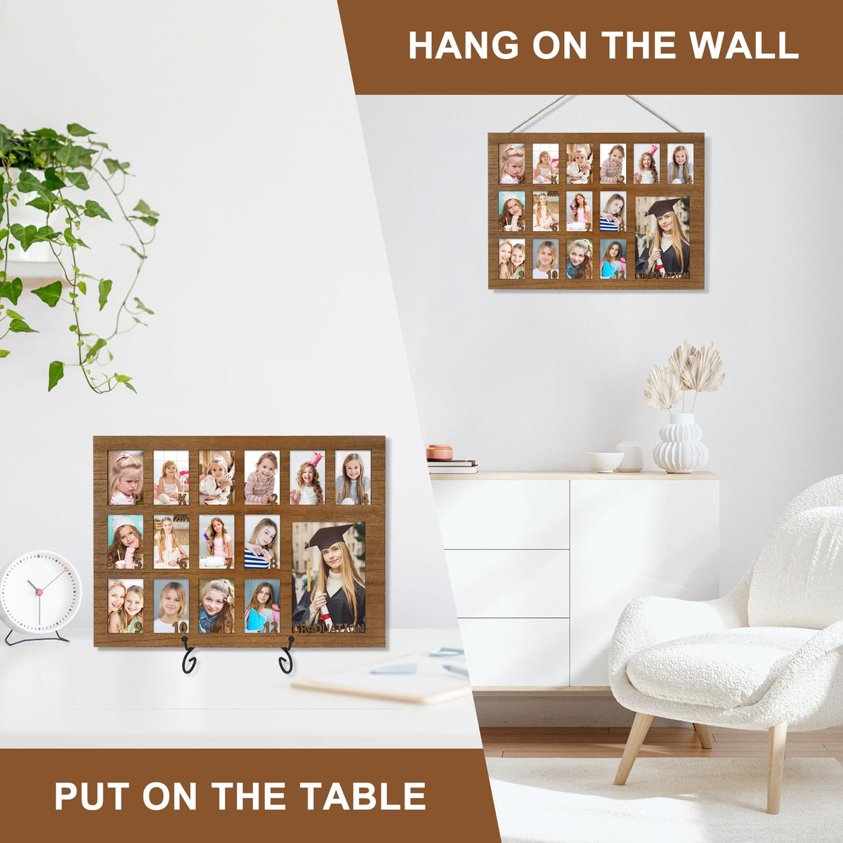 FramePro School Years Picture Frame Pre K to 12 Wooden Graduation Gift Collage Frame with Stand Easel, Displays One 4x6 and Twelve 2x3 Wallet Photos