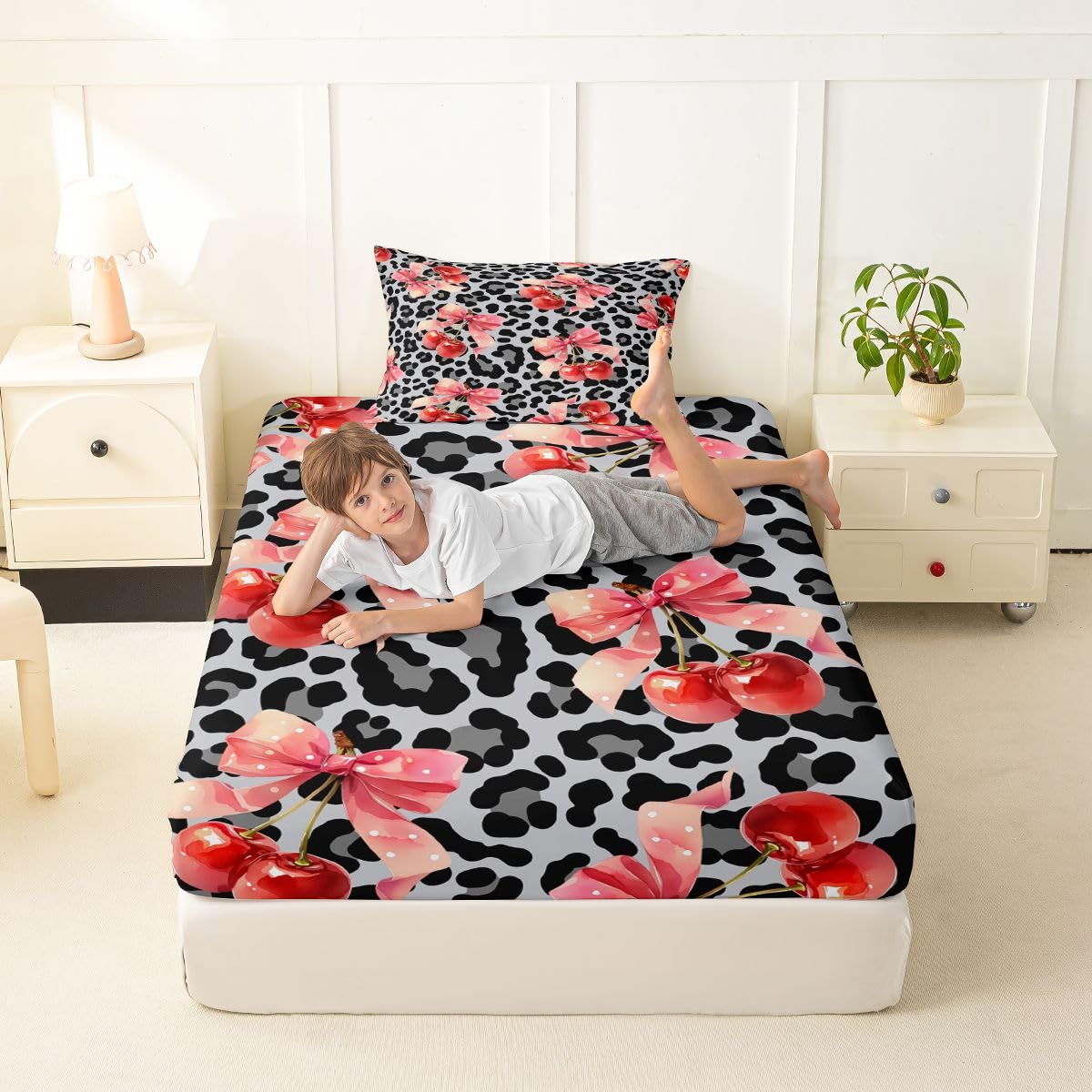 jejeloiu Grey Cherry Bow Fitted Sheet with 1 Pillowcase Twin Size Dreamy Princess Bowknot Bed Sheets Set 16" Deep Pocket Boys Girls Leopard Print Bowknot Bedding Teens Bedroom Decor Breathable