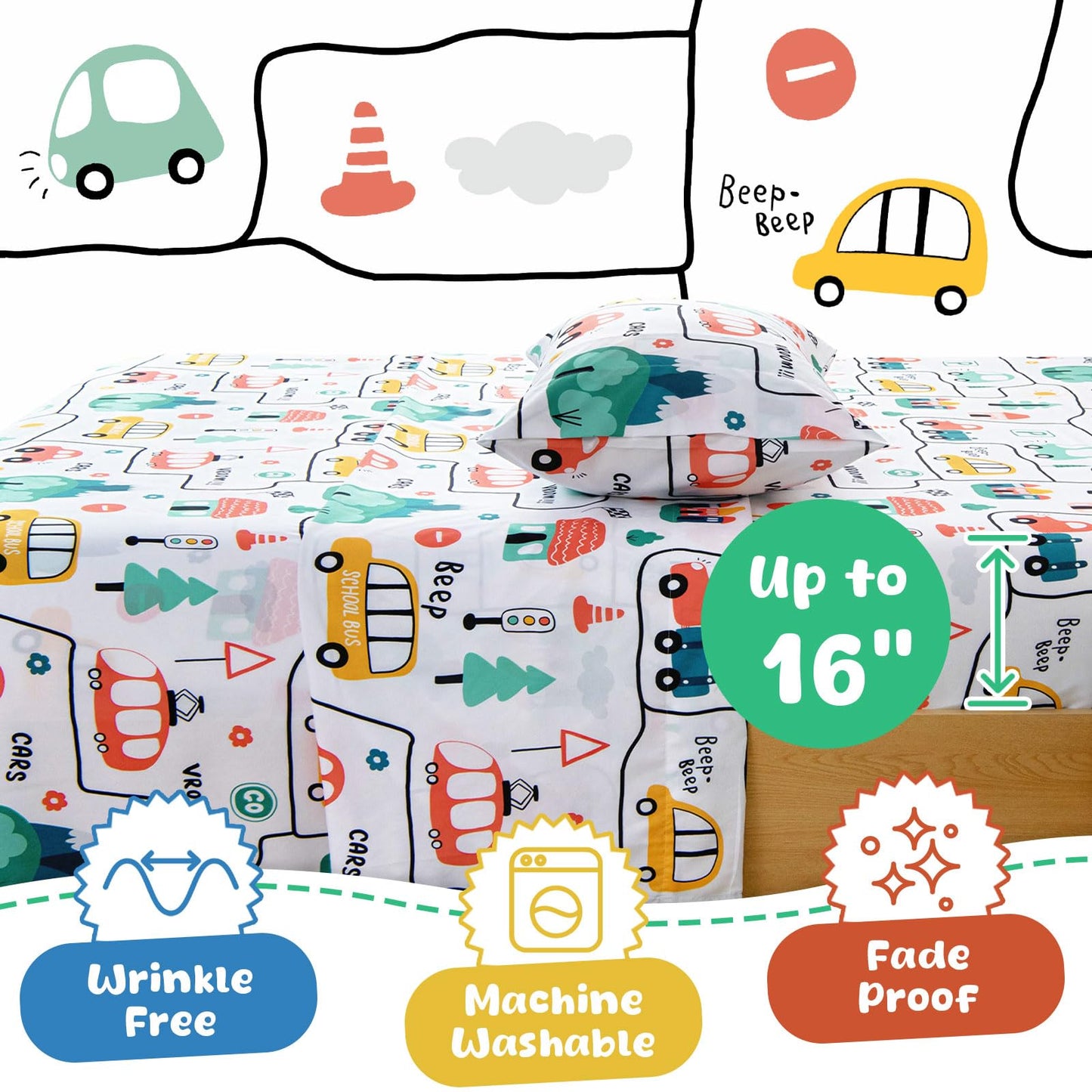 Swiftify Twin Bed Sheets Set for Boys, 3-Piece Bed Sheet Set for Toddler, Soft Brushed Microfiber Bedding, Deep Pocket, Wrinkle & Fade Resistant, Fun Car