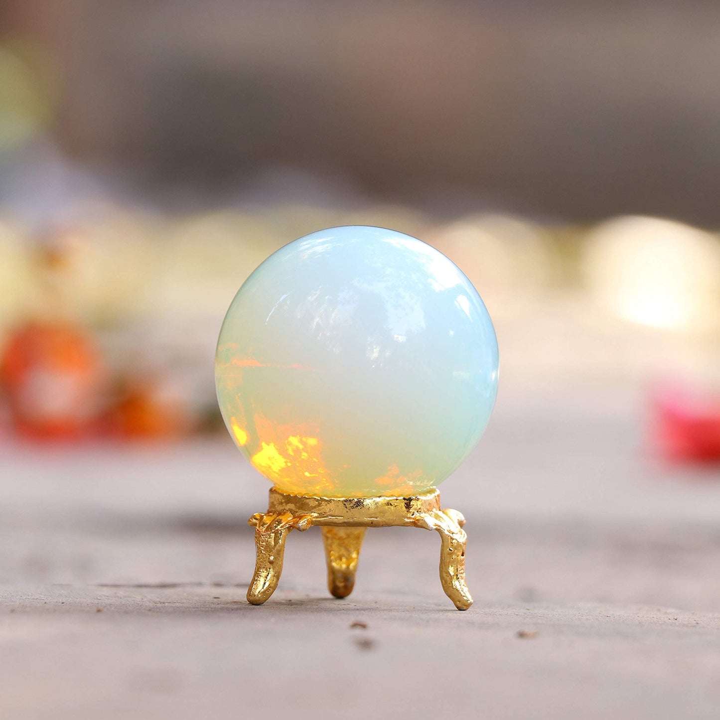 Crocon 45mm Opalite Stone Sphere Ball with Metal Stand 1400+ Carats Gemstone Ball Healing Sphere Sculpture Figurine for Fengshui Divination Home Decoration Photography Crystal Sphere