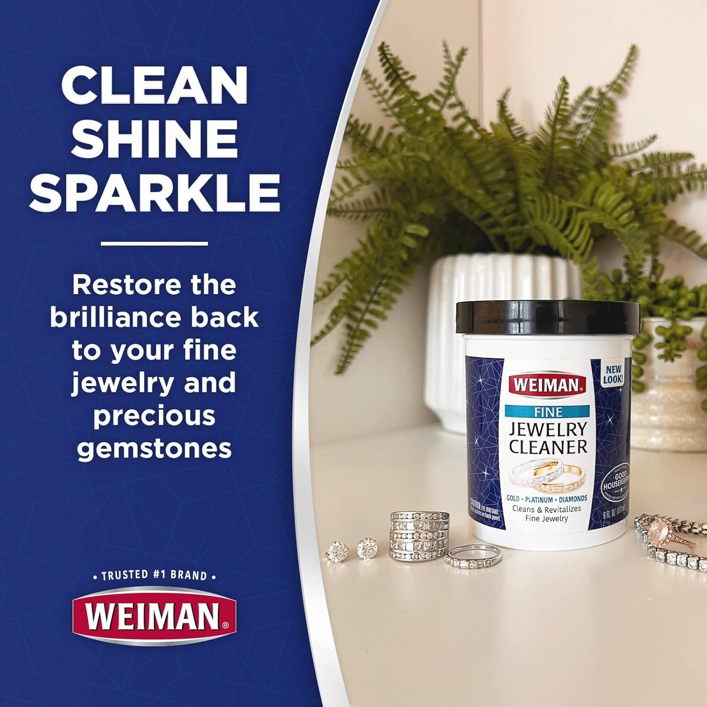 Weiman Fine Cleaner Liquid with Cleaning Brush – Restores Shine & Brilliance to Gold, Platinum, Precious Gemstones & Diamond Jewelry, 6 Oz, Multi, 177 ml (Pack of 1)