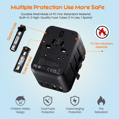 Bigfish Universal Travel Adapter, Worldwide Travel Plug Adapter with 2 USB A and 2 USB C, Dual 10A Fuses All In One International Travel Adapter - EU UK US AUS Plugs