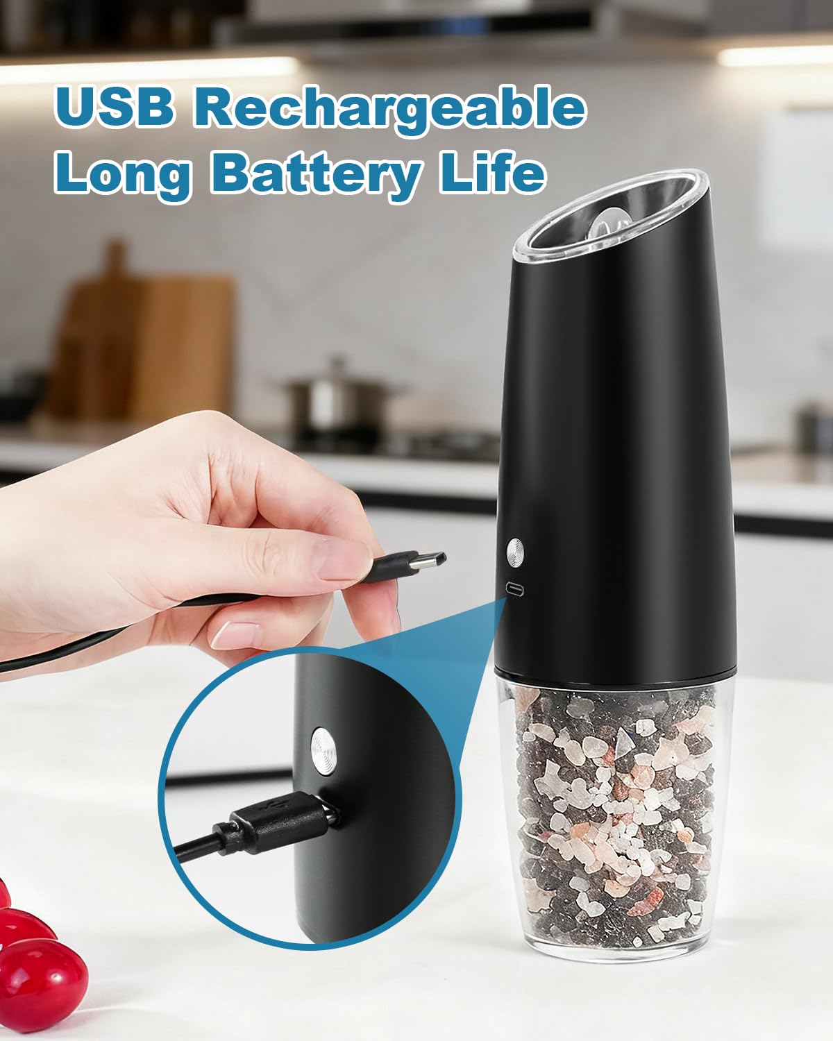 GVUHR Rechargeable Salt and Pepper Grinder Set，2 Intelligent Electric Grinders with Cleaning Brush，2 USB Charging Cables,Black Pepper and Salt Grinder Refillable
