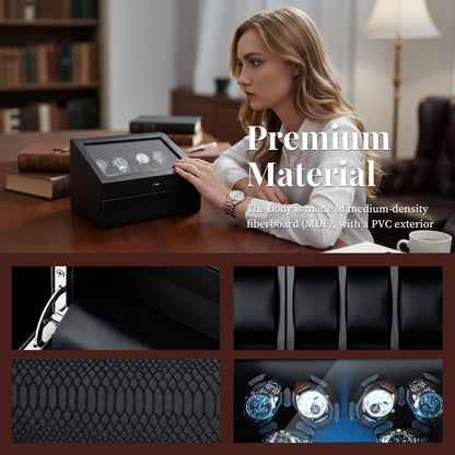 Mcbazel Watch Winder for Automatic Watches, 6 Watch Winder + 6 Storage Case, Watches Winder Box with Super Quiet Motor, Blue LED Light, Memory Foam Pillows, Gift for Men & Women - Black