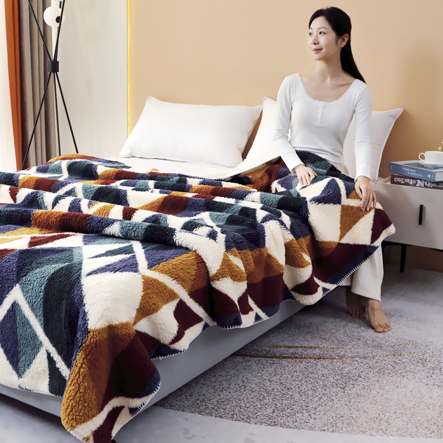 UKELER Boho Sherpa Fleece Blanket 90'' × 112'', Ultra Soft Aztec King Szie Bed Blanket for All Season, Cozy, Plush, Bohemian Throw Blankets for Bed/Couch/Sofa/Office/Camping