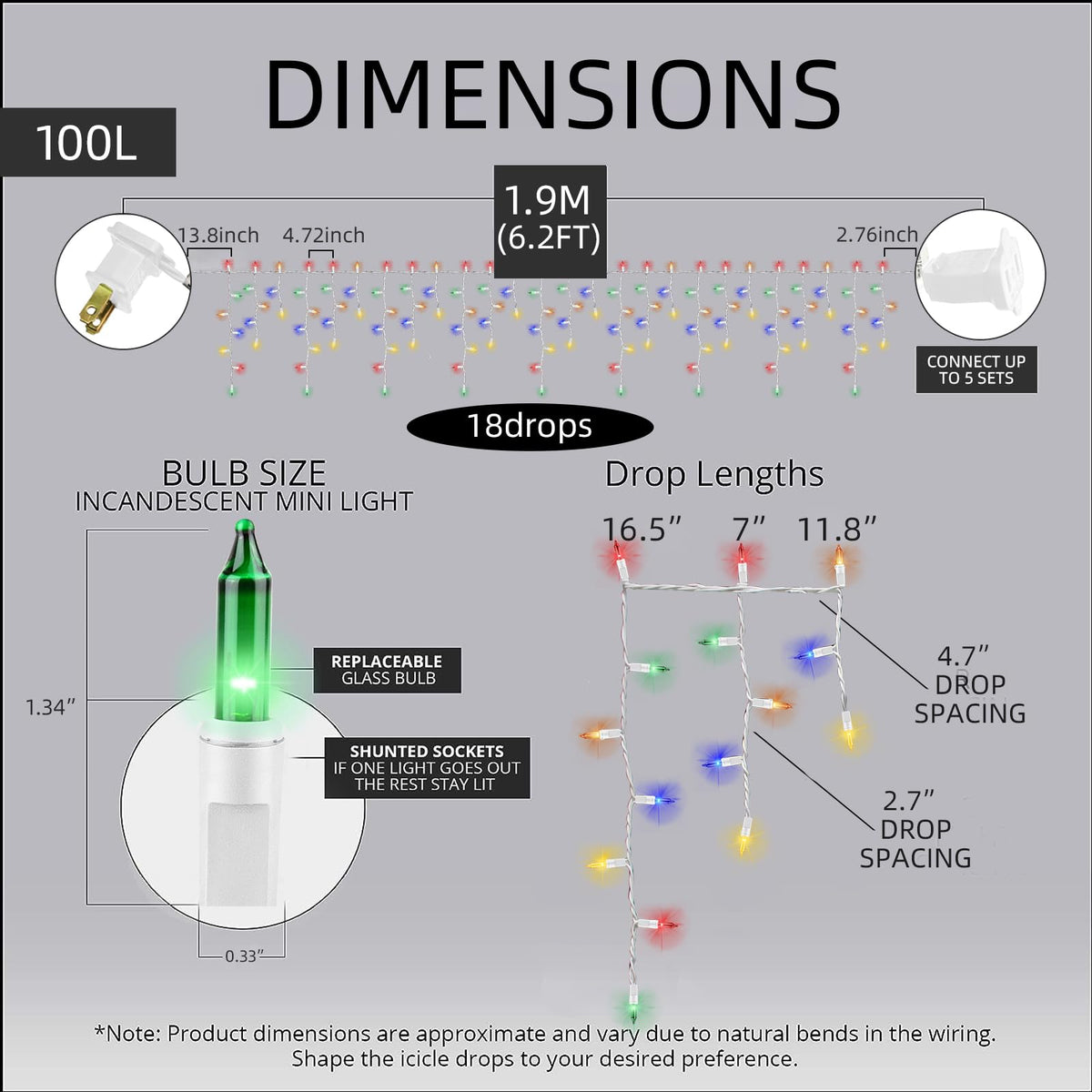 LAMPHOME 6.2FT 100 Multicolor Icicle Lights, White Wire, Indoor/Outdoor Christmas & Holiday Lights
