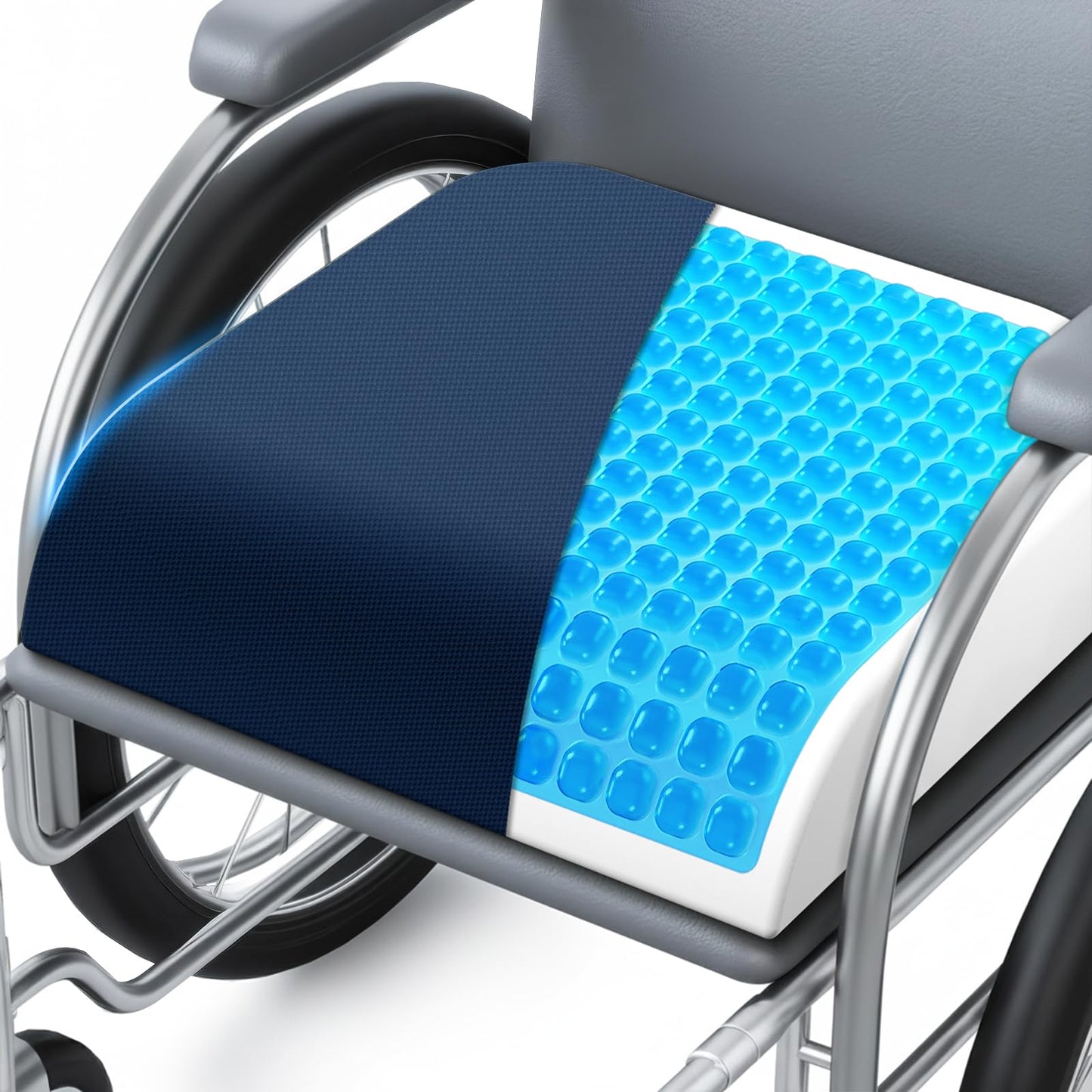 ComfyInLove Wheelchair Seat Cushion - Cooling Gel & Memory Foam Office Chair Cushion with Non-Slip Bottom & Washable Cover, Ergonomic Car Seat Pillow for Sciatica, Tailbone, Back Comfort (Navy Blue)