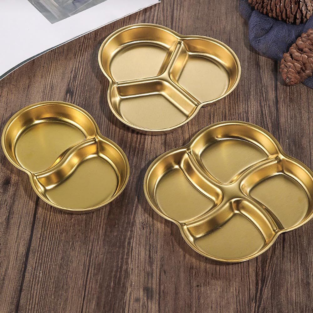 Hayuhone 4 Pcs Soy Sauce Dish Stainless Steel Divided Dip Bowls Korean 4 Compartment Gold Sauce Plate Seasoning Dipping Condiment Tray for BBQ Vinegar Spice Salt Sugar Flavor Home Restaurant