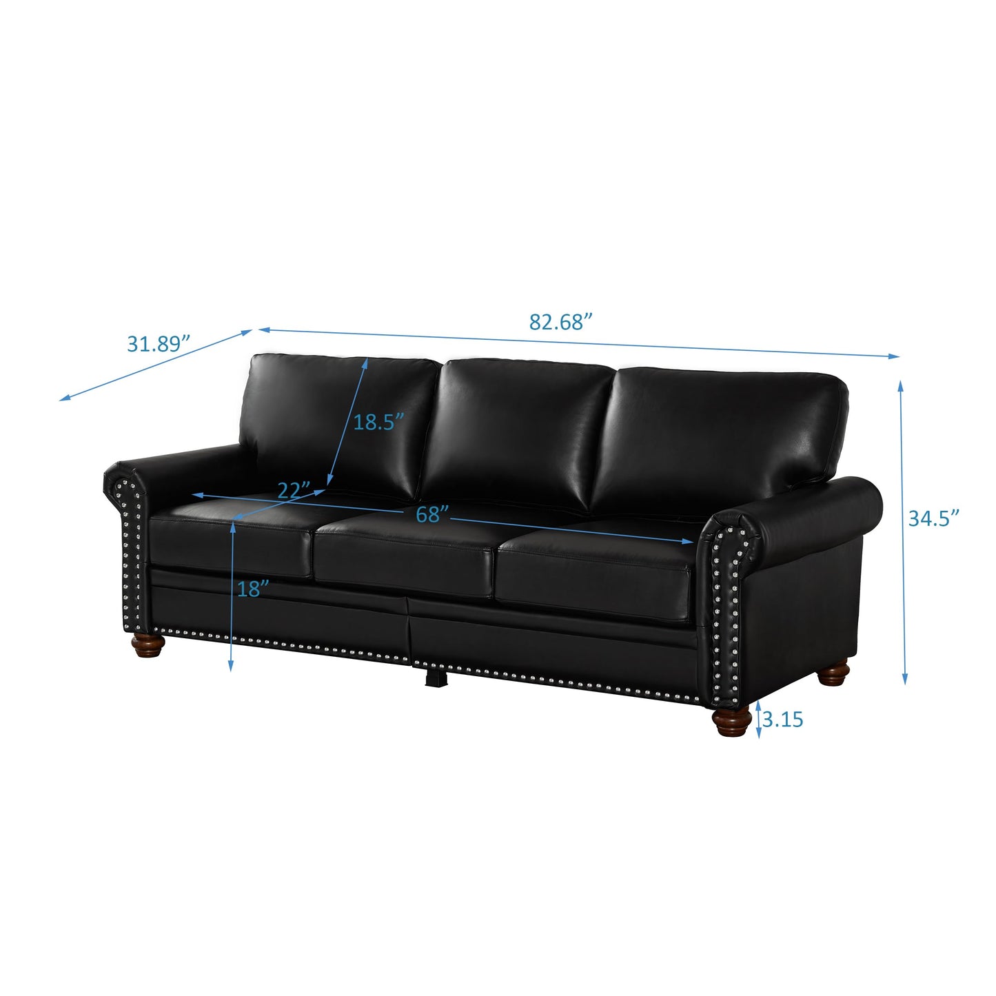 KEIKI Retro 82.68" Chesterfield Sofa, Upholstered Faux Leather PU Couch with Storage Space, Rolled Arm, Nailhead for Living Room Bedroom Office Apartment, Black