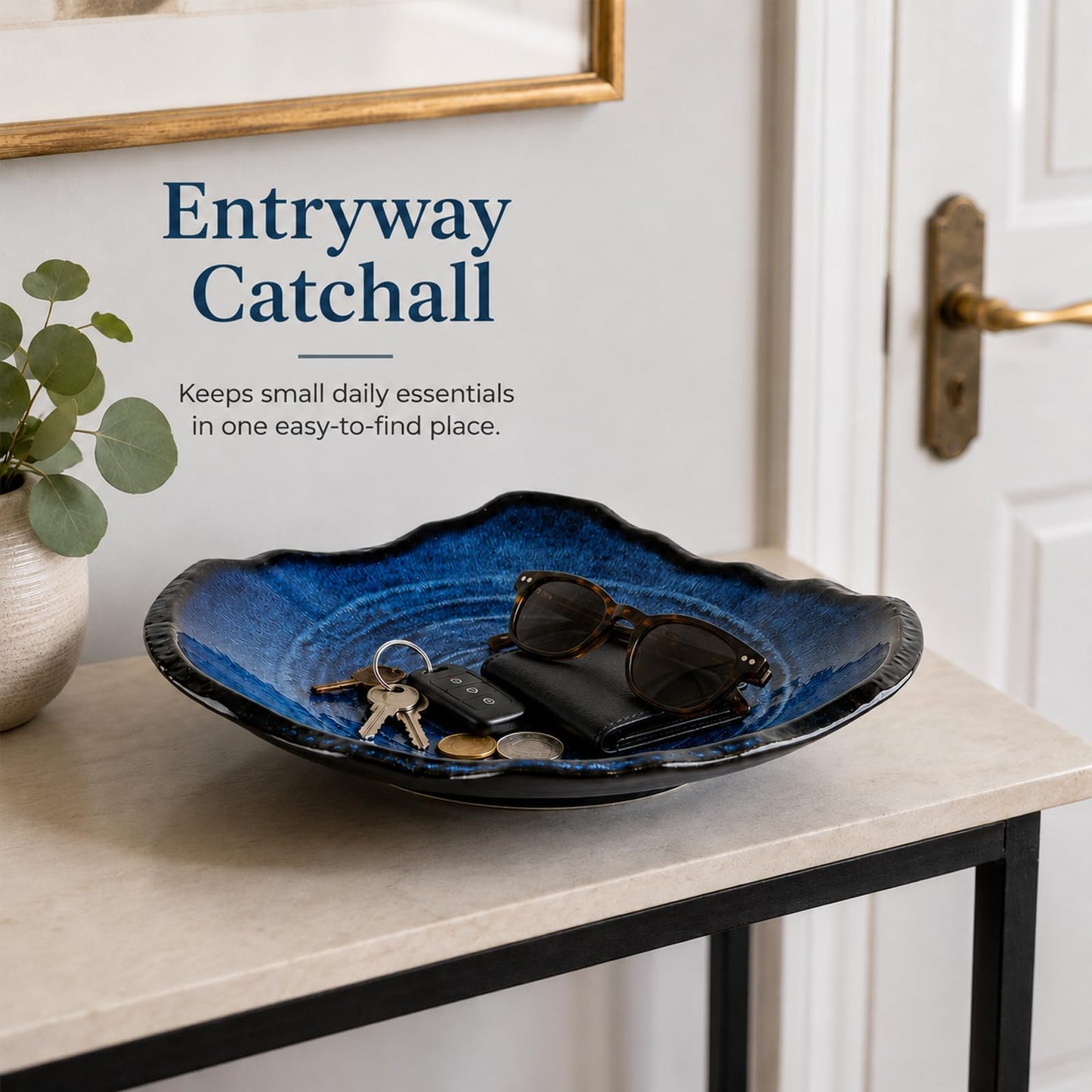 XIYOUQI Ceramic Decorative Bowl - 12" Large Blue Pottery, Blue Decorative Bowl, Porcelain Centerpiece Tray, Key Bowl for Entryway Table, Living Room, Dining, Trinket Dish, Gift Decor Tray
