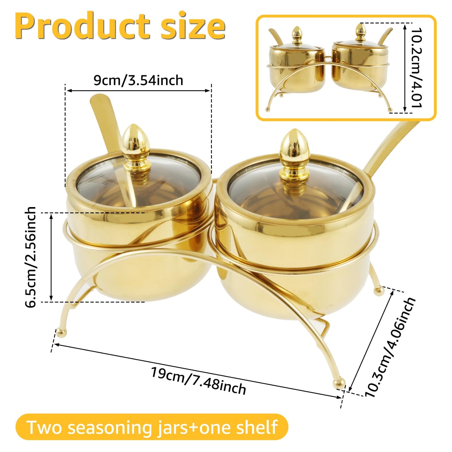 Luxury Gold Sugar Bowl Set with Spoons, 3-Piece Retro 304 Stainless Steel Seasoning Box for Coffee Bar Decor, Elegant Condiment Pots with Clear Glass Lid & Serving Tray for Salt, Candy, Cube Sugar