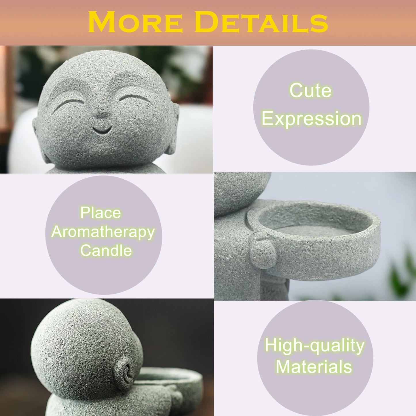 ZKSYLSM Sandstone Buddha Statue Candle & Incense Cone Holder, Small Jizo Figurine for Home Decor, Tiny Buddha Zen Monk Tealight Holder for Desk, Shelf or Nightstand, 3.5" H Mini Stone Decor Gift