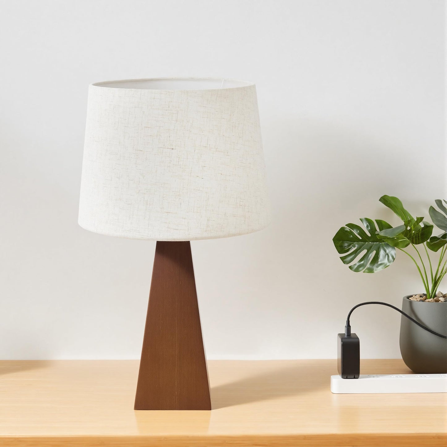 Booniture Table Lamp for Bedroom, Bamboo Bedside Lamps with Beige Linen Shade for Nightstand, Dimmable Desk Lamp for Dorm, Living Room, Office, Kids Room (Walnut)