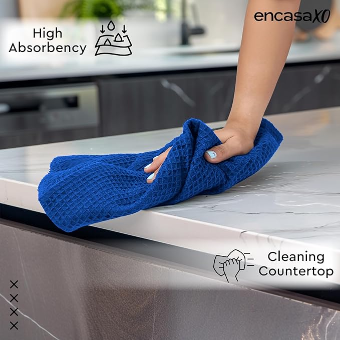 Encasa XO Kitchen Dish Towels Set | Blue | Waffle Weave and Flat Hand Tea Towel
