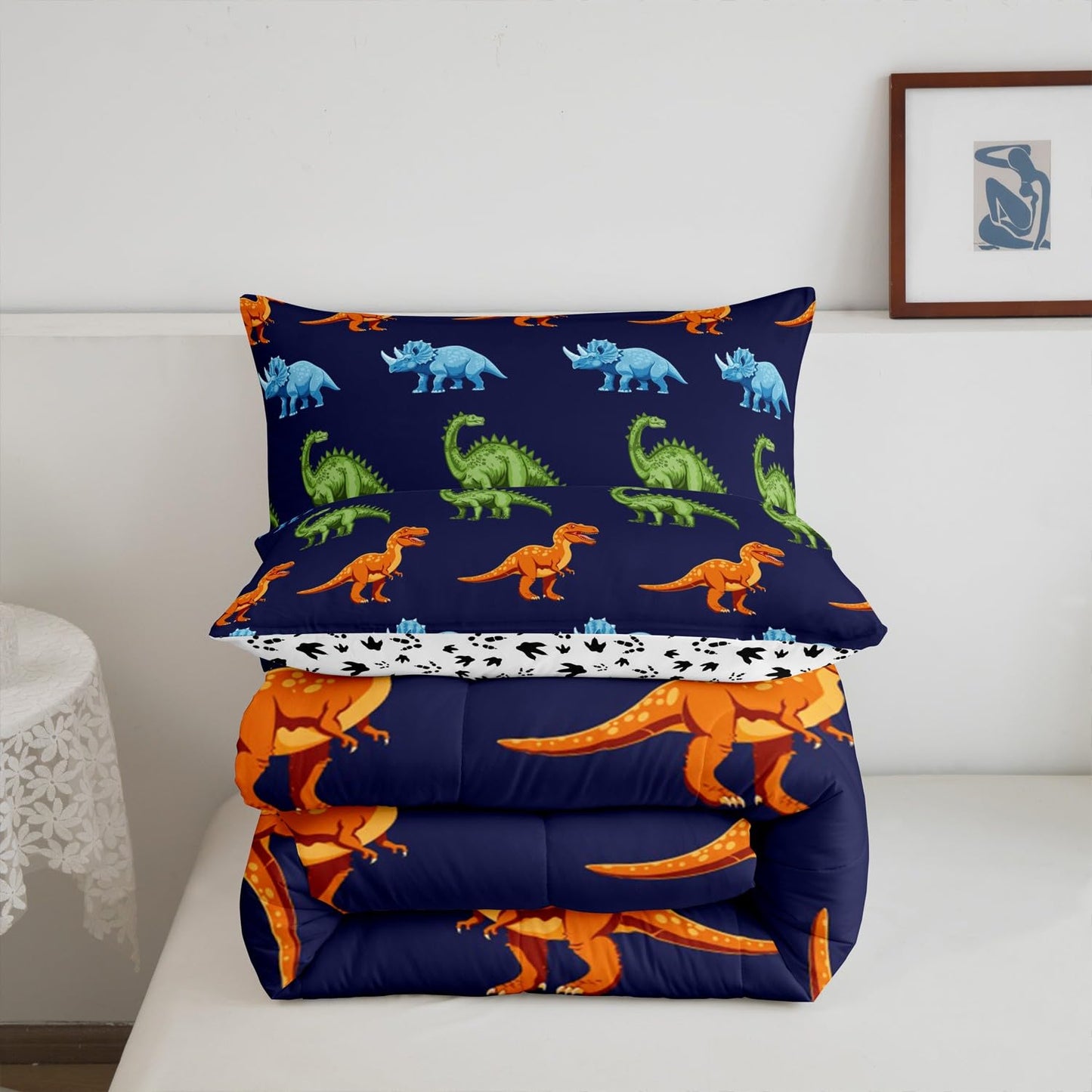 Cartoon Dinosaur Bedding Set Full, Dark Blue Dinosaur Comforter Set for Kids Dinosaurs Print Comforter Boys Girls Jungle Dino Duvet Set Breathable Bedroom Decor with 2 Pillow Case