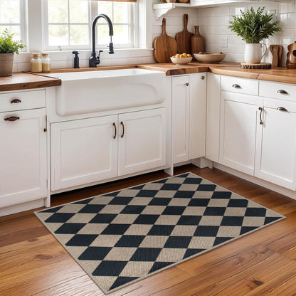 Rugalia Easy Jute Checkered Entryway Rug, 2x3 Black Modern Indoor Outdoor Doormat, Washable Non-Slip Neutral Small Kitchen Rug Farmhouse Diamond Throw Rugs for Entrance Bedroom Bathroom