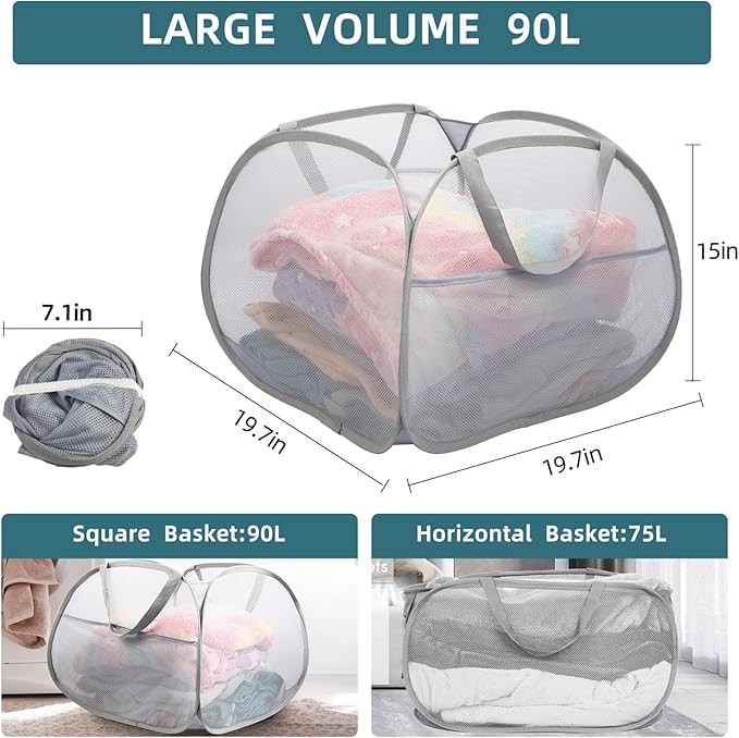 Collapsible Laundry Baskets, 90L Large Foldable Laundry Basket, Durable Mesh