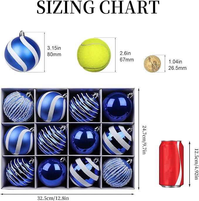 SHareconn 80mm Christmas Balls Ornaments,12PCS Colored Shatterproof Plastic Decorative Hanging Tree Decorations Baubles Set for Xmas Tree Decor Holiday Party Wedding Decoration with Lanyard,Blue&White