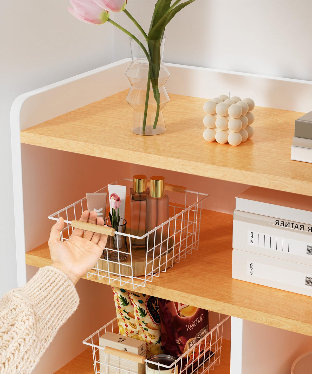 Wire Basket with Wooden Handle, Metal Utility Storage Basket for Organizing Kitchen Pantry Cabinets, Closet and Garage Shelves Drawers, Office Metal Basket Storage Organizer with Handle (White 2 Pack)