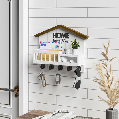 FERAHI Key and Mail Holder for Wall, Wall Key Holder with Shelf, Key Rack Wall Mount, Wood Key Holder Wall Mount White, Mail Organizer Wall Mounted, Entryway & Front Door Key Holder with 5 Hooks