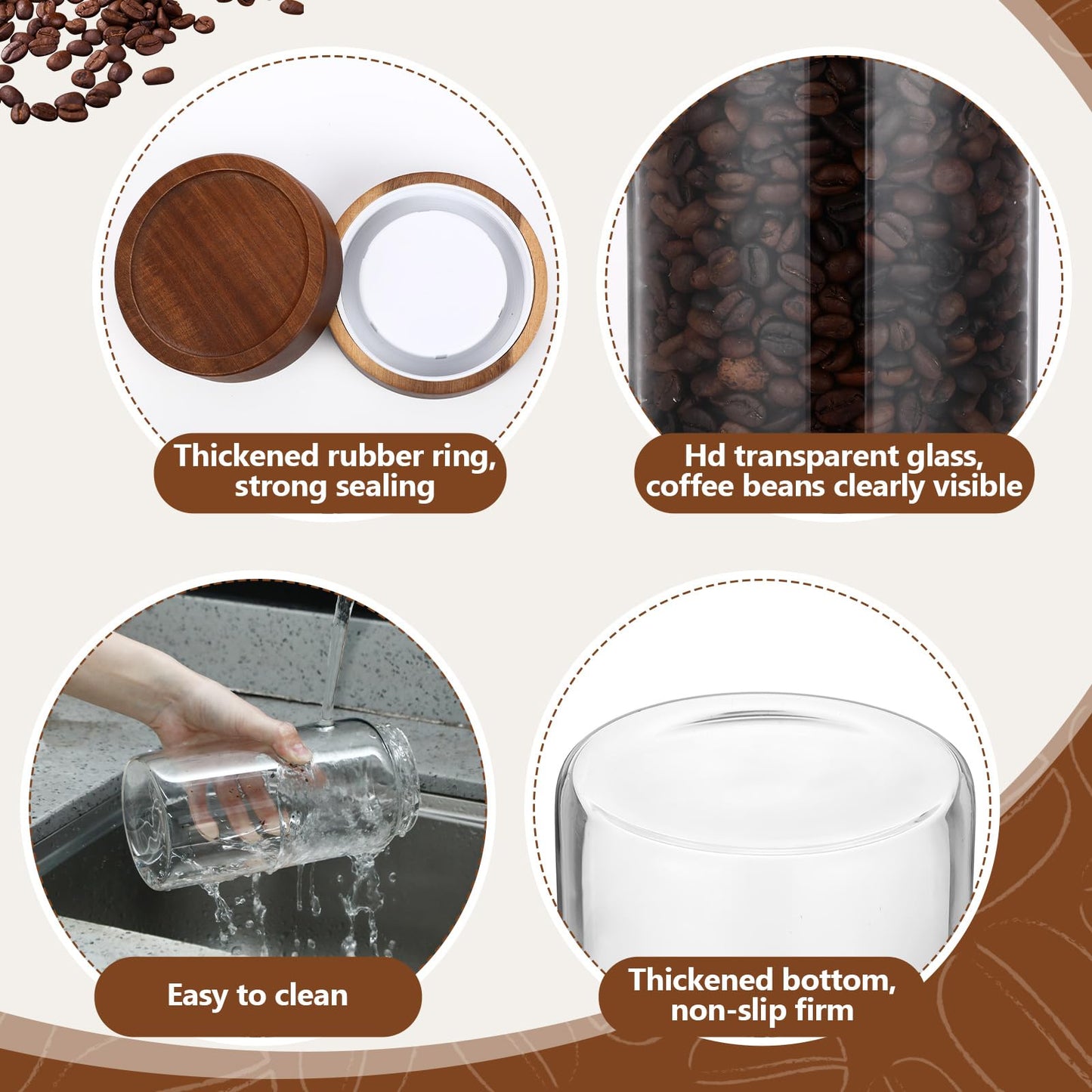 Suclain 3 Pcs Glass Coffee Bean Container 44 oz Airtight Coffee Canister with Shelf and Measuring Spoon Kitchen Food Canister Jar for Sugar Candy(Fashion Style)