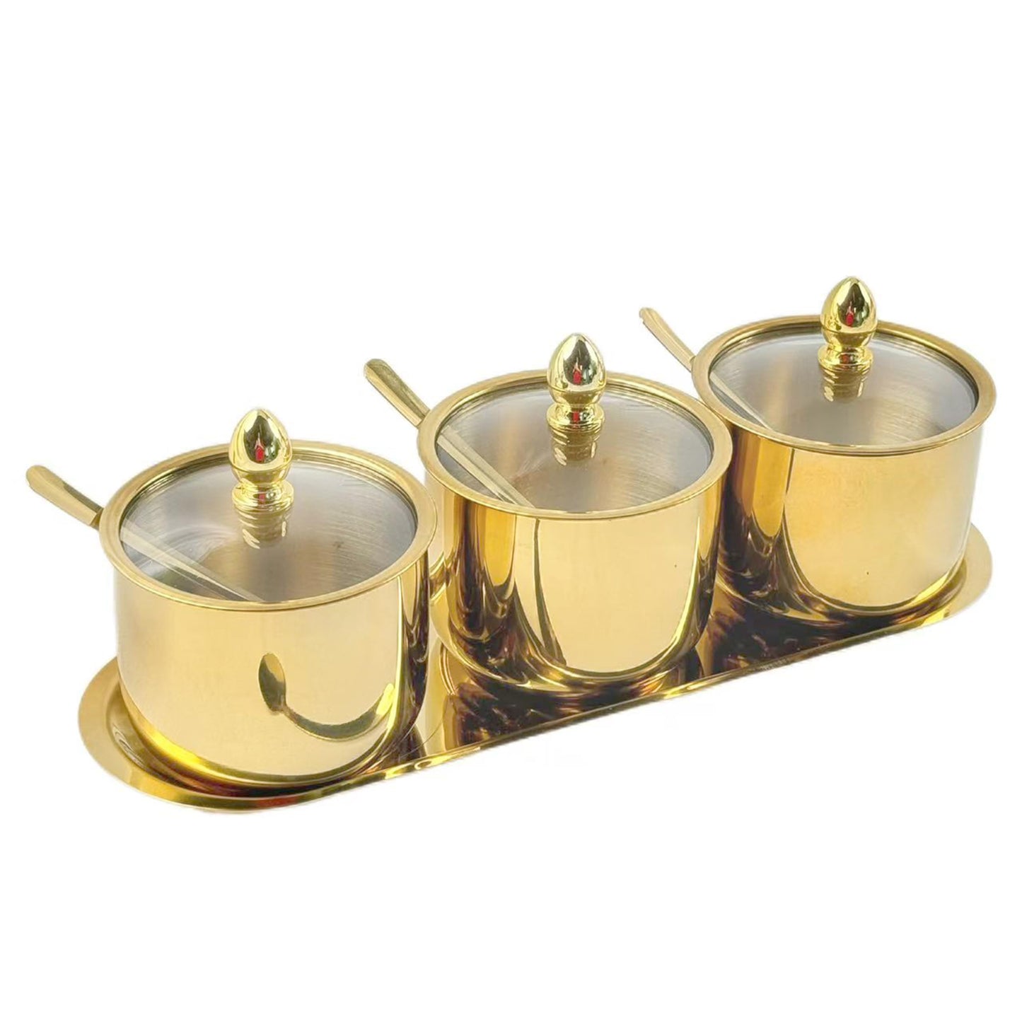 HMDIUM Sugar Bowl Set - 3 Grid Condiment Jars with Glass Lids & Spoon Stainless Steel Canisters with Tray for Sugar, Spice, Salt - Stylish Kitchen Storage Containers