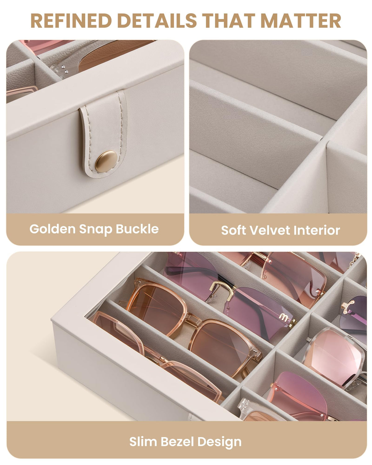 Lolalet 10 Slots Sunglasses Organizer Box, Eyeglasses Eyewear Display Case for Multiple Pairs of Glasses Collection Holder for Men Women, Mothers Day Gifts -1 Layer, Beige