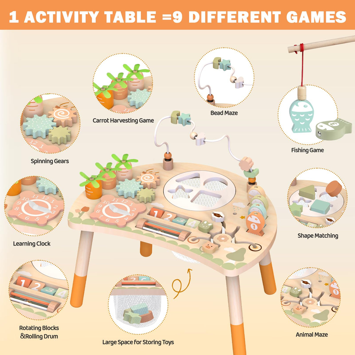 Weilim Activity Table for 1 Year Old, 9-in-1 Wooden Montessori Toddler Toy