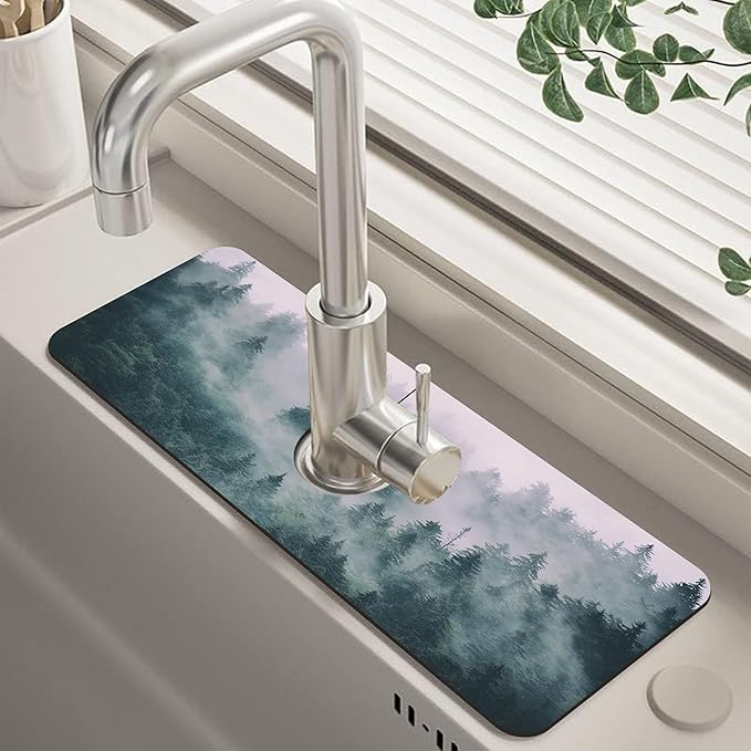 Foggy Forest Dish Drying Mat for Kitchen Sink Splash Guard Behind Faucet Sink