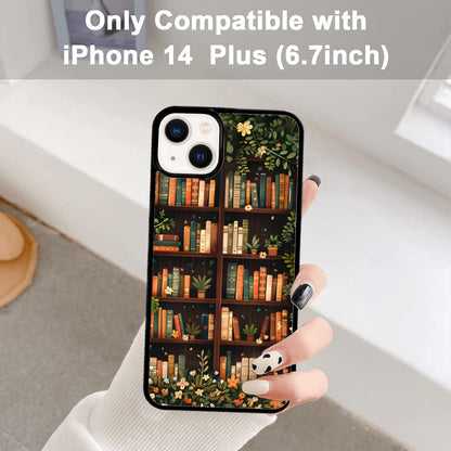 Aesthetic Floral Bookshelf Book Phone Case Compatible with iPhone 14 Plus Case 6.7 Inch, TPU Shockproof Protection Vintage Flowers Bookish Art Reading Book Lover Gifts Phone Case for Girl Women Cover