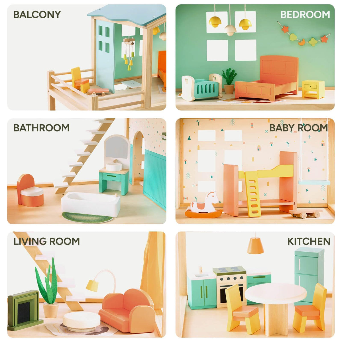 Giant bean Large Wooden Dollhouse with 32 Pcs Furniture Accessories, 3-Story Doll House 5 Rooms Balcony Wooden Stairs, Ideal Dollhouse Toy for Kids Ages 3+, 30" H x 28" L x 13" W