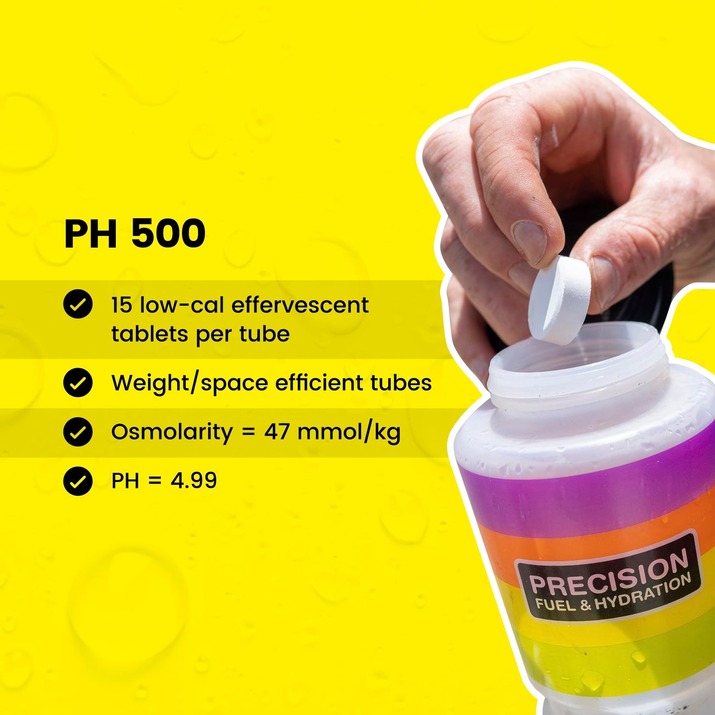 Precision Hydration Electrolyte Tablets - Multi Strength Effervescent Hydration Tablets - Combats Cramp - Low Calorie, Gluten Free, Vegan/Vegetarian Friendly(12 Tube, 500mg/L - Yellow Tube)
