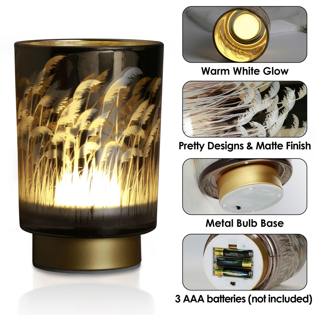 Eywamage Battery Operated Table Lamp with Remote, Pampas Cordless Glass Accent Lamp Lights for Bedroom Living Room Kitchen