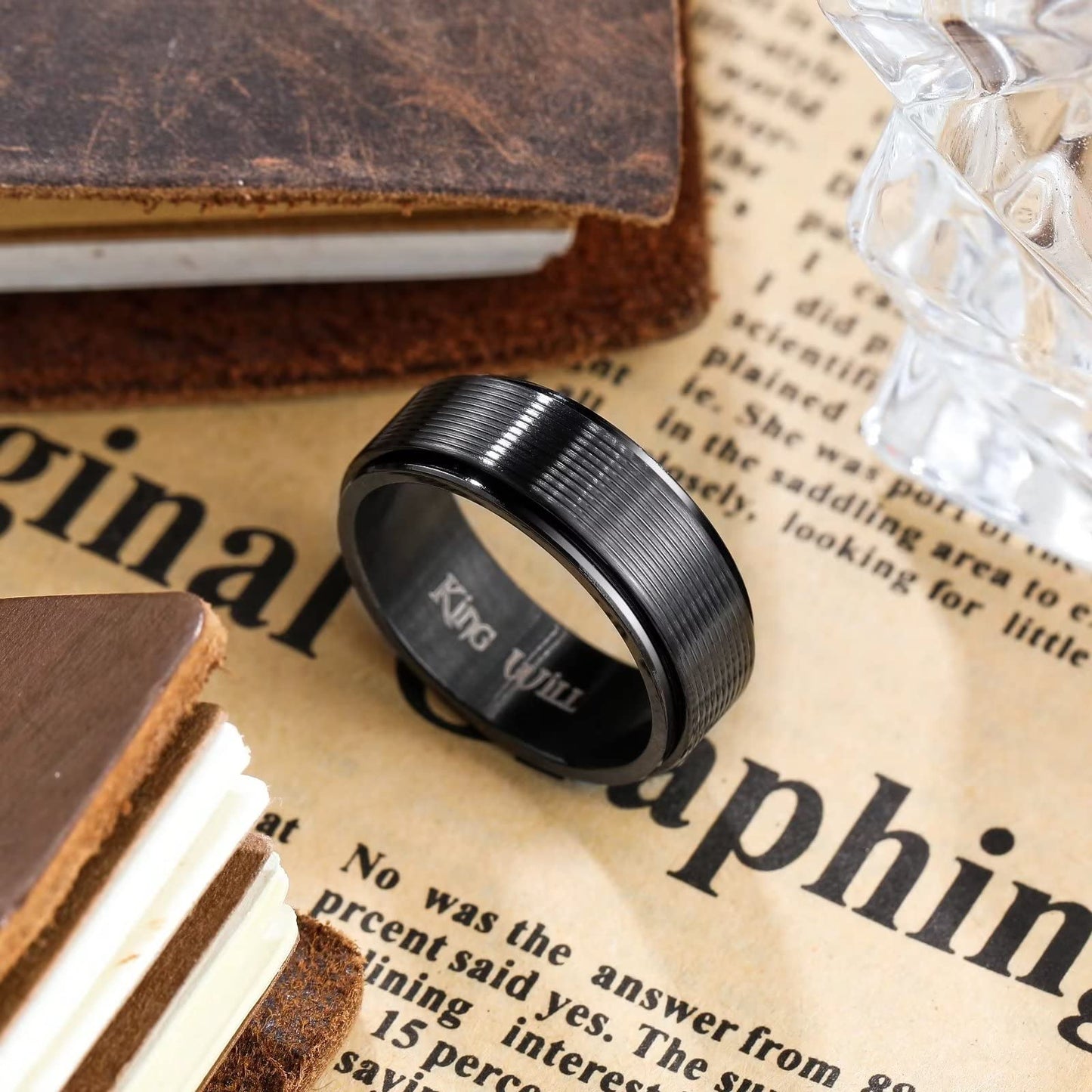 King Will Black Line Groove Mens Women 8mm Spinner Rings Stainless Steel Anxiety Fidget Ring for Women Men Polish Groove Wedding Band Fidget Ring Matte Brushed Comfort Fit 13