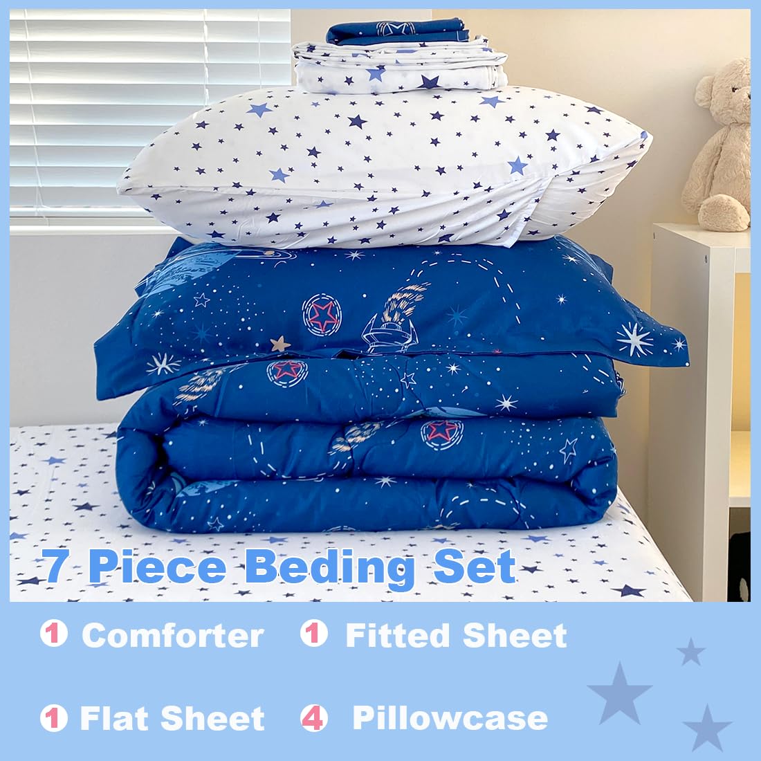 Gusuhome 7 Piece Boys Space Comforter Set Twin Size Bed in A Bag Star Rocket Galaxy Universe Planets Bedding Set for Kids Teens Girls Microfiber Blue Quilt All Season