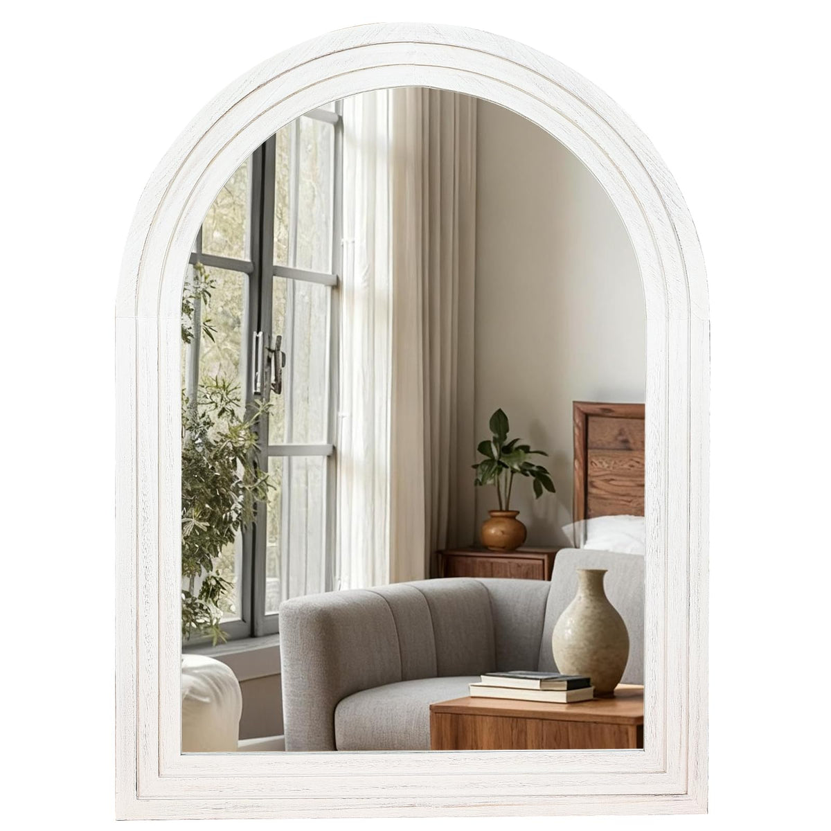 LXWZHK 40"x30" Arched Wooden Frame Wall Mirror, Rustic Vanity Wall Mirror for Bathroom, Bedroom, Rustic White