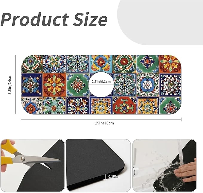 Kitchen Sink Splash Guard，Colorful Mexican tile Faucet Mat Sink Gadgets-Super