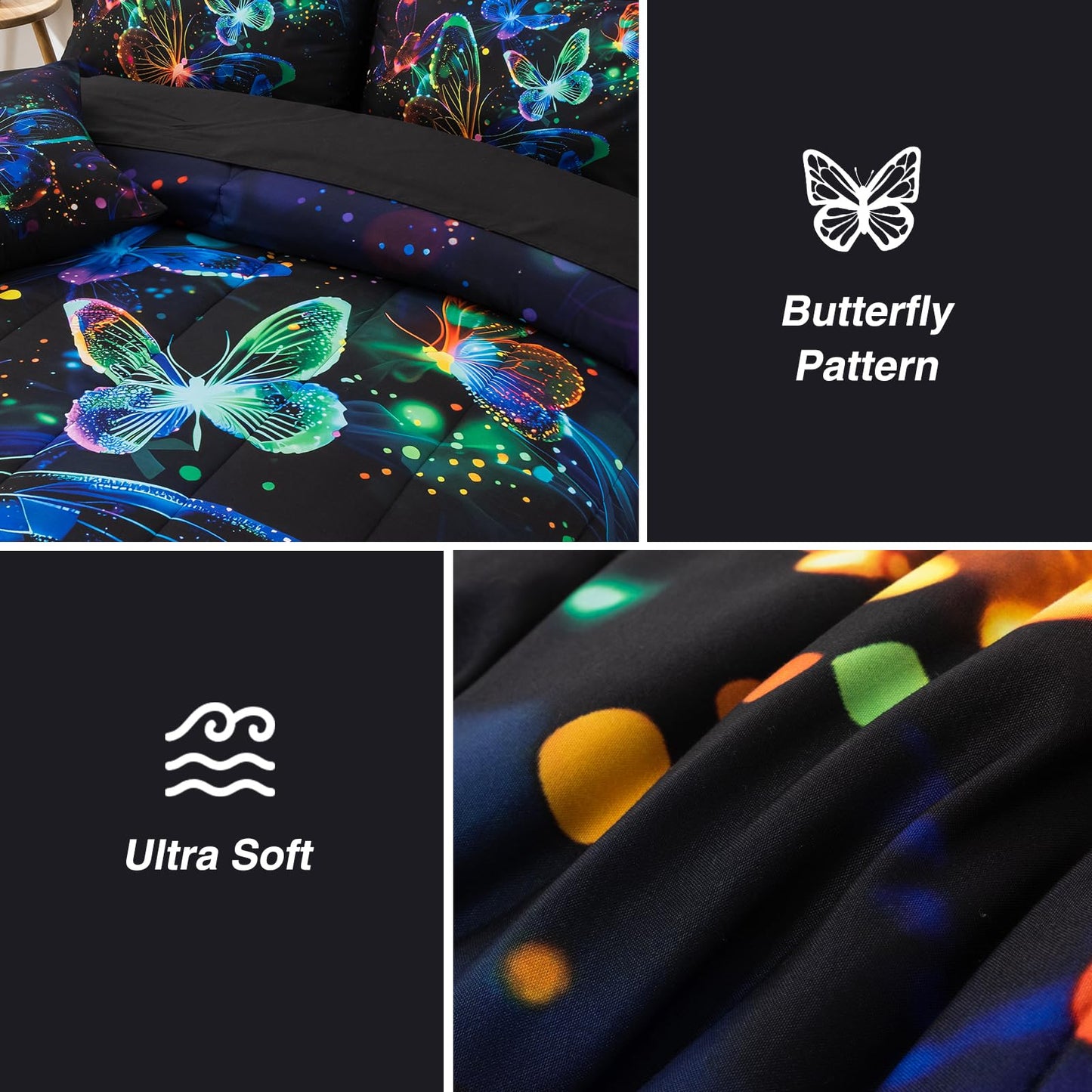 A Nice Night Galaxy Bedding Sets,3D Butterfly Flying in Space Printed,Like Glitter Butterflies 6pcs Bed in a Bag Twin Comforter Set, for Girls Boys Kids Teens