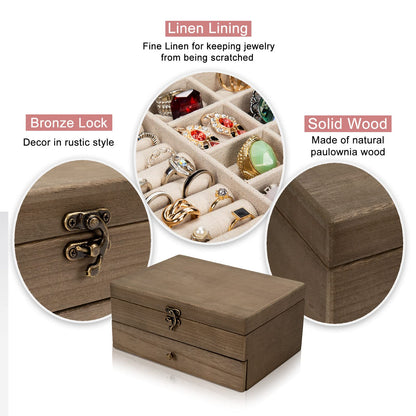 Pinzoveco Jewelry Box for Women, Rustic Wooden Jewelry Organizer Box for Storage Earrings Rings Necklace Bracelet, Farmhouse Style Wood Jewelry Boxes & Organizers (Gray)