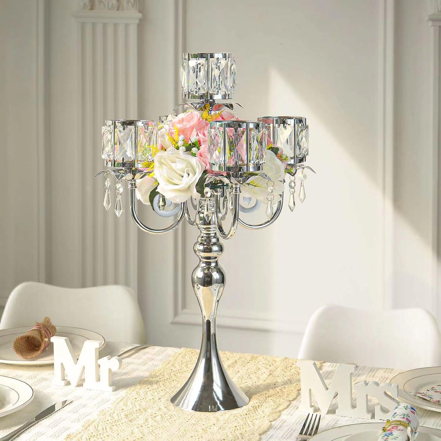 Kehail Silver 5 Arm Pendant Square Crystal Candle Holder, 22 Inches Table Decor Classic and Elegant Table Centerpiece Atmosphere Candlestick for Gift Wedding Party Home Decor