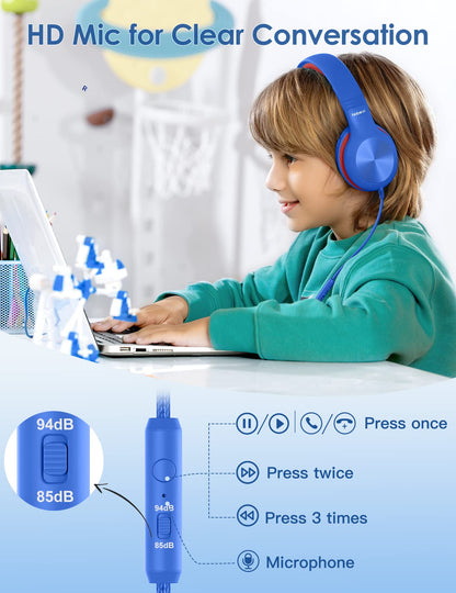 Nabevi Headphones for Kids for School, Kids Headphones with Microphone, Sharing Function, 85dB/94dB Safe Volume Limit, Over Ear Kid Headphone for School, On-line Study, Travel, Glaze Blue